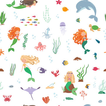 Cartoon underwater world. Seamless pattern