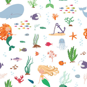 Mermaids and sea animals. Cartoon seamless pattern