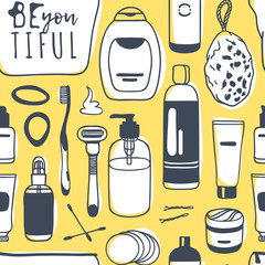 Obraz premium Hand drawn female seamless pattern with cosmetics. Actual vector drawing background with beauty products