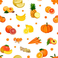Seamless pattern of orange yellow berries, fruits and vegetables. Food white Background and Texture