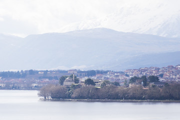 Ioannina city and island without name in winter season, Epirus Greece