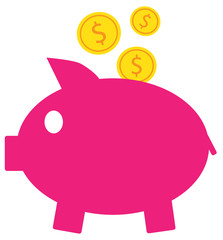 Dollar currency icon or logo vector on coins entering a piggy bank. Symbol for United States of America bank, banking or American finances