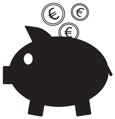 Euro currency icon or logo vector on coins entering a piggy bank. Symbol for European Union bank, banking or Europe Eurozone finances