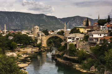 Fototapeta na wymiar Picturesque Old Town of Mostar (Stari Most) with famous bridge, Bosnia and Herzegovina