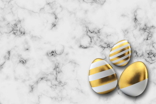 Gold pattern easter eggs on a marble background. 3D Rendering