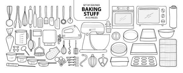 Set of isolated baking stuff in 55 pieces. Cute hand drawn kitchen tools vector illustration in black outline and white plane.