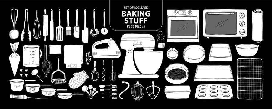 Set Of Isolated Baking Stuff In 55 Pieces. Cute Hand Drawn Kitchen Tools Vector Illustration In White Plane Without Outline.