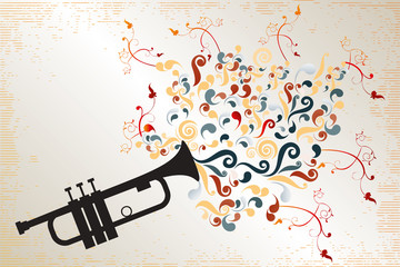 Black trumpet with colorful swirls and floral elements © Coccinelle
