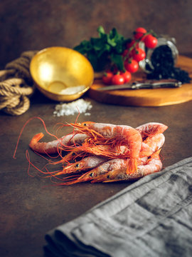 Frozen shrimps on table