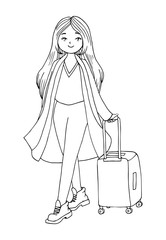Cute doodle girl with a suitcase. Hand drawn vector isolated illustration on a white background