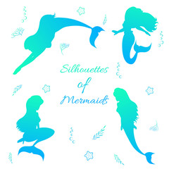 Set of beautiful mermaid silhouettes dancing swimming underwater in blue gradient effect,cartoon character.Cute siren girls with beauty hair,tails,bubbles,starfish.Fantasy concept for print,logo,sign