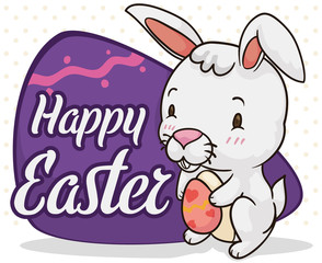 Cute Bunny Holding a Decorated Egg and Celebrating Easter, Vector Illustration