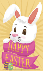 Bunny Wrapped with a Greeting Ribbon and Eggs for Easter, Vector Illustration