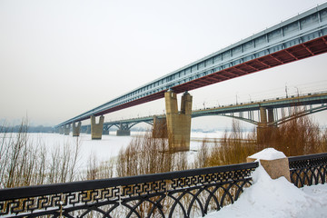 View of the indoor Novosibirsk metro bridge across the Ob river. Russia