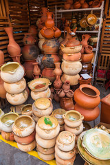 Pots, vases, bowls and rustic clay vases used in the kitchen for plants and decoration, Cuenca, Ecuador