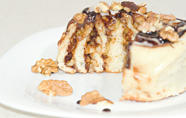 A kind of sweet bun and stuffing inside. Cut bun close-up