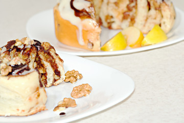 A kind of sweet bun and stuffing inside. Cut bun close-up