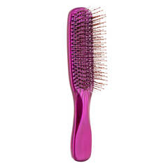 New bright expensive clean plastic massage hairbrush of purple with mother-of-pearl isolated on white background