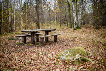 camping and resting area by the river with bench and fireplace