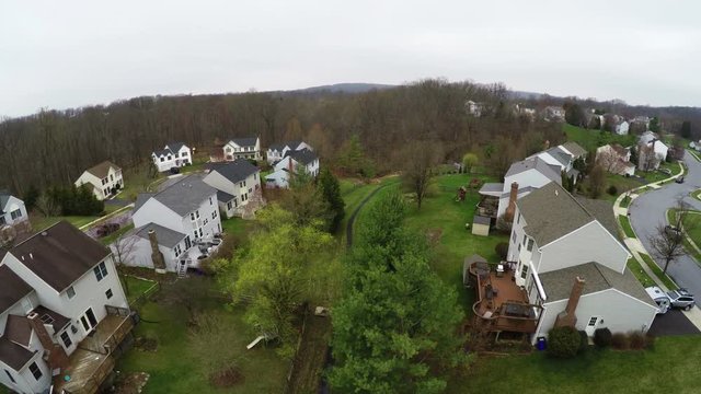 3333 Aerial Neighborhood Following Walking Path through Trees, 4K