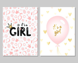 Vector set of pink baby shower cards for girls. It's a girl card. Vector invitation with cute pattern, balloon. Baby arrival and shower