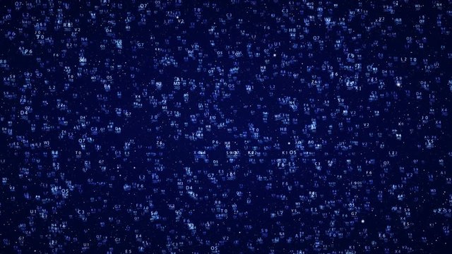 Digital intro.Technological background.Particles and text numbers fly around in cyberspace.Blue. Type 2
