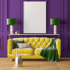 Mock up poster in the interior of the living room with a sofa. Trend color. 3d