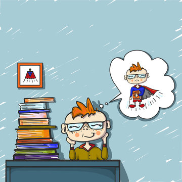 little boy red hair dreams behind a pile of books, coloured drawing hand paint, little dreamer, super hero