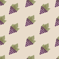Seamless pattern with grapes and leaves. Repeating endless violet grape. Vector