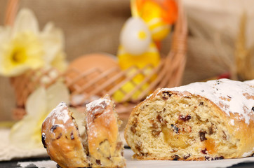 Sweet Easter bread with marzipan, candied fruits, nuts, dried fruits.