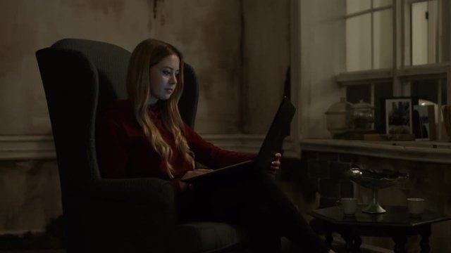 Gorgeous blonde young woman in casual outfit browsing the social networks on laptop while sitting in classic armchair in dimmed lighting in loft style interior at night. Screen reflextion on her face.
