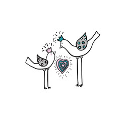 minimalistic simple drawing of Two love birds with heart with color dekor ornament