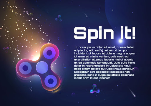 Fidget spinner flying in universe like asteroid vector illustration. Hand gadget banner