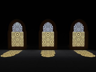 Islamic interior design of the mosque. Islamic window with traditional pattern. Background greeting cards Ramadan Kareem. 3D rendering. - obrazy, fototapety, plakaty
