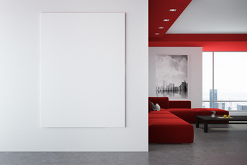White and red living room interior, poster, wall