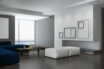 White and gray living room corner, posters