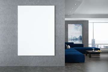 White and gray living room interior, poster, wall