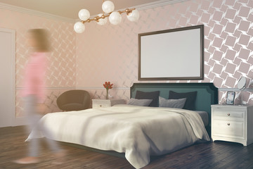 White pattern bedroom with a poster toned