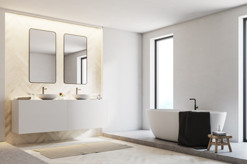 Fototapeta na wymiar White and wooden bathroom interior, side