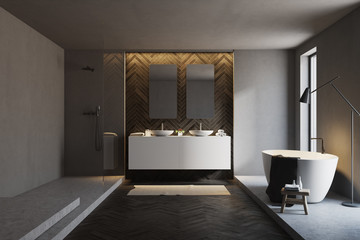Gray and wooden bathroom interior