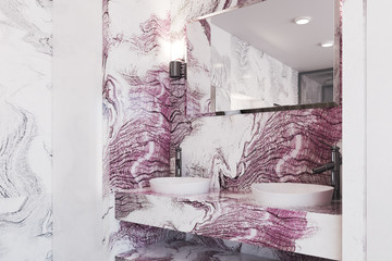 Double sink in a red marble bathroom