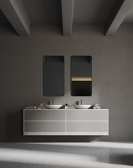 Gray sink vanity unit in a gray bathroom