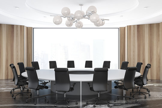Panoramic wooden meeting room, round table