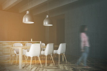 Wooden table and countertops gray kitchen blur