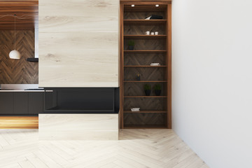 Functional white and dark wooden kitchen, cupboard