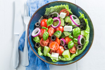 Top view of Greek salad made of fresh ingredients