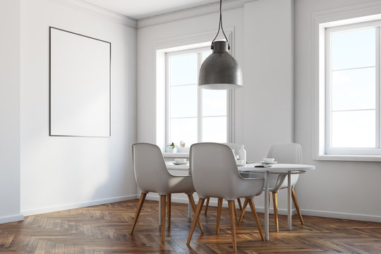 White dining room corner, wooden floor, poster