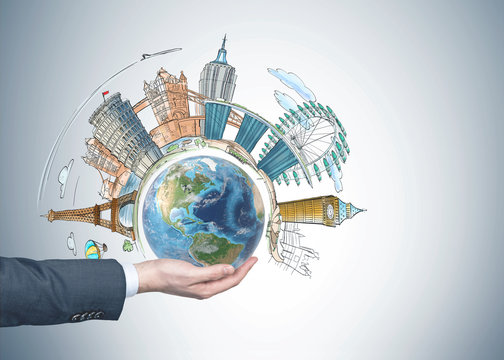 Watercolor of famous sights, planet, man hand