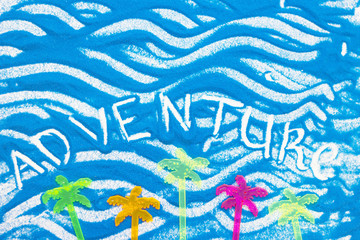 Fototapeta na wymiar Adventure inscription on a blue colored sand with waves, top view, flat lay