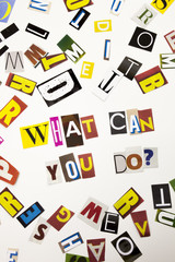 A word writing text showing concept of What Can You Do question made of different magazine newspaper letter for Business case on the white background with copy space